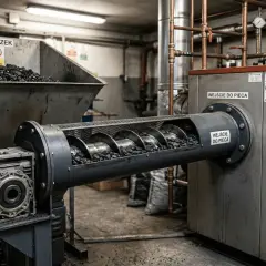 Ślimak transportuje ekogroszek do pieca. Widać zasobnik z węglem i mechanizm podający paliwo.