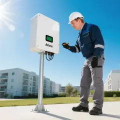Technik sprawdza falownik Afore. Czy falownik wyłącza się w nocy? Nie, działa cały czas, nawet gdy słońce zachodzi.