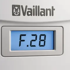 Wyświetlacz pompy ciepła Vaillant z kodem błędu F.28. Dowiedz się, jak wyłączyć pompę ciepła w takiej sytuacji.