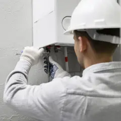 Fachowiec w białym kasku i rękawicach montuje bojler elektryczny, podłączając rury.