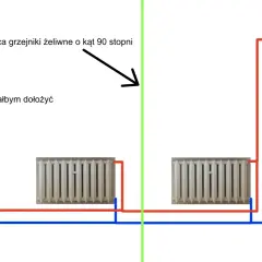 Schemat instalacji grzewczej: grzejnik do dołożenia, grzejniki żeliwne za ścianą. Pokazuje, kiedy podłączenie krzyżowe grzejnika jest potrzebne.