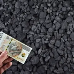 Dłoń trzyma banknot 200 zł na tle węgla. Zastanawiasz się, ile kosztuje węgiel tona?