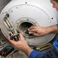 Technik czyści bojler, przygotowując się do montażu nowej grzałki. Narzędzia i multimetr leżą obok.