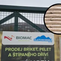 Tani pellet z Czech w workach, gotowy do ogrzania domu. Reklama firmy Biomac.