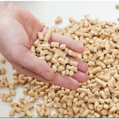 Garść pelletu w dłoni, na tle stosu ziaren. Czy ceny pelletu spadną?