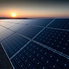 Panele fotowoltaiczne w zachodzącym słońcu. Czy panele fotowoltaiczne działają w nocy? Nie, potrzebują światła słonecznego do produkcji energii.