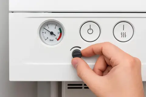 Dłoń reguluje pokrętło, kontrolując dopuszczanie wody do pieca. Manometr wskazuje ciśnienie.