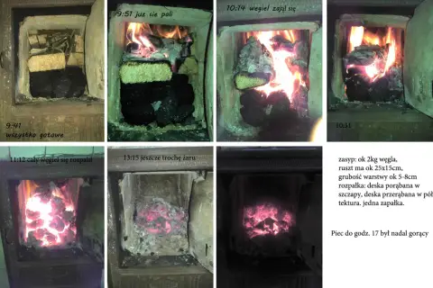 Piec kaflowy z węglem w trakcie palenia. Czy można palić pelletem w piecu kaflowym? Eksperyment pokazuje, że węgiel pali się długo i daje dużo żaru.