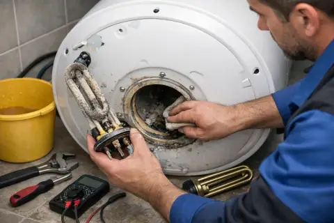 Technik czyści bojler, przygotowując się do montażu nowej grzałki. Narzędzia i multimetr leżą obok.
