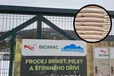 Tani pellet z Czech w workach, gotowy do ogrzania domu. Reklama firmy Biomac.