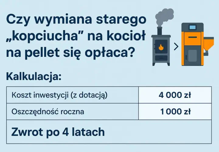Czy piec na pellet się opłaca? Kalkulacja: koszt inwestycji 4000 zł, oszczędność roczna 1000 zł, zwrot po 4 latach.