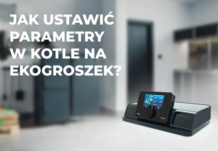 Panel sterowania kotła na ekogroszek. Wyświetla informacje o temperaturze i trybie pracy, np. ustawienia pieca na ekogroszek tryb letni.