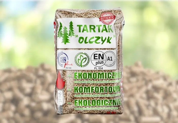 Worek z pelletem drzewnym "Tartak Olczyk". Dowiedz się, ile kosztuje tona pelletu Olczyk, wybierając ekologiczne i ekonomiczne ogrzewanie.