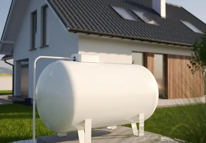 Biały zbiornik na gaz przed nowoczesnym domem.