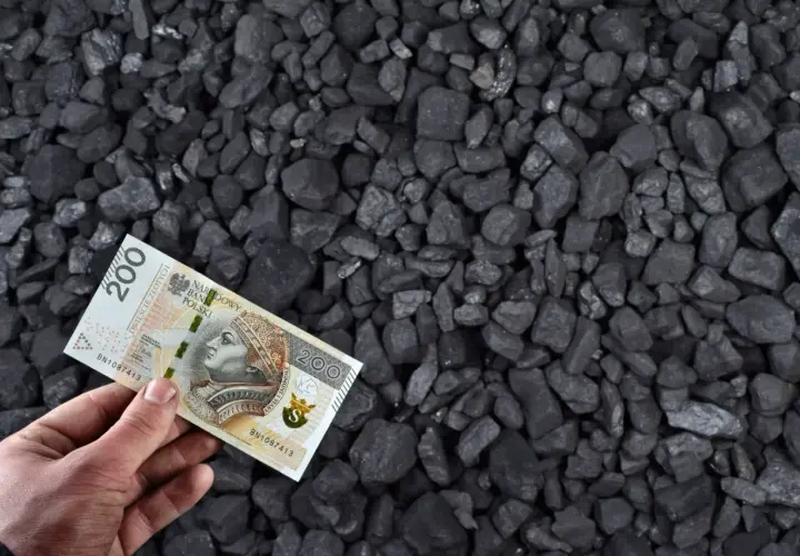 Dłoń trzyma banknot 200 zł na tle węgla. Zastanawiasz się, ile kosztuje węgiel tona?