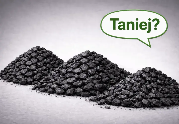 Trzy hałdy węgla kamiennego, a nad nimi dymek z napisem "Taniej?". Szukasz najtańszego ekogroszku workowanego?