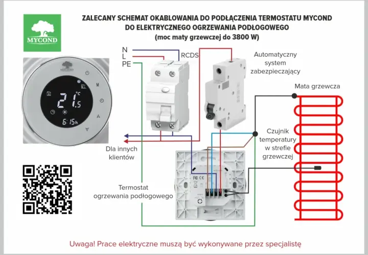 Schemat podłączenia termostatu do maty grzewczej. Pokazuje, jak zamocować czujnik temperatury w piecu co, aby zapewnić prawidłowe działanie ogrzewania podłogowego.