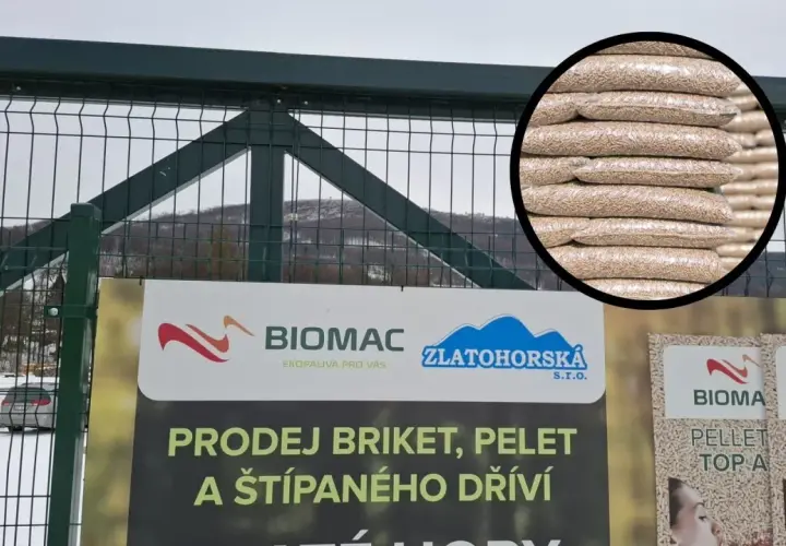 Tani pellet z Czech w workach, gotowy do ogrzania domu. Reklama firmy Biomac.