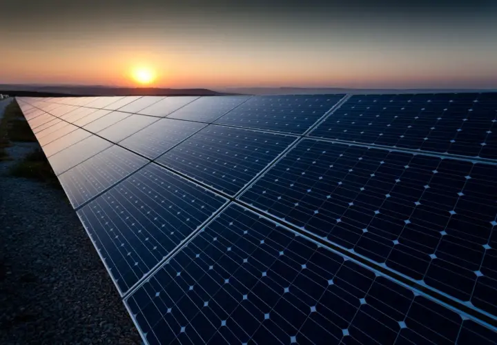 Panele fotowoltaiczne w zachodzącym słońcu. Czy panele fotowoltaiczne działają w nocy? Nie, potrzebują światła słonecznego do produkcji energii.