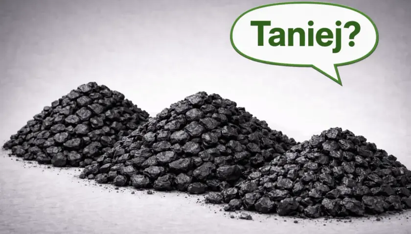 Trzy hałdy węgla kamiennego, a nad nimi dymek z napisem "Taniej?". Szukasz najtańszego ekogroszku workowanego?