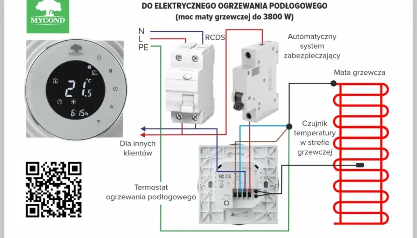 Schemat podłączenia termostatu do maty grzewczej. Pokazuje, jak zamocować czujnik temperatury w piecu co, aby zapewnić prawidłowe działanie ogrzewania podłogowego.