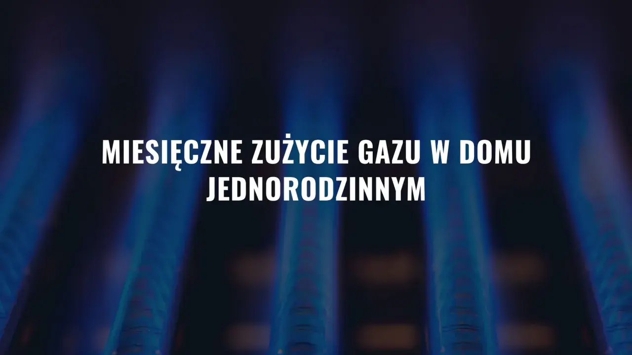 Płomienie palnika gazowego. Tekst: "Miesięczne zużycie gazu w domu jednorodzinnym".