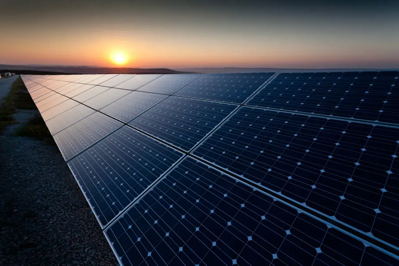 Panele fotowoltaiczne w zachodzącym słońcu. Czy panele fotowoltaiczne działają w nocy? Nie, potrzebują światła słonecznego do produkcji energii.