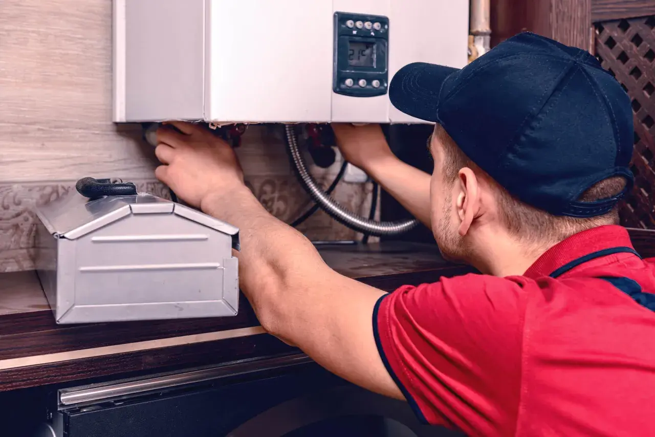 Instalator pracuje przy kotle gazowym, podłączając przewody. W tle widać metalową skrzynkę, która może być pomocna, gdy zastanawiamy się, jak zalać grzejnik elektryczny.