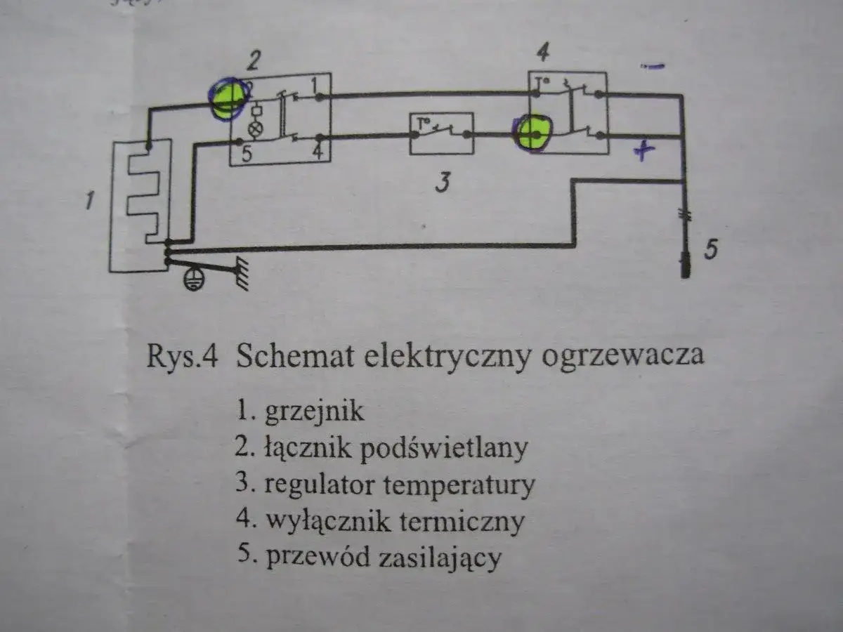 Schemat elektryczny ogrzewacza. Pokazuje jak wymienić termostat w bojlerze, uwzględniając grzejnik, łącznik, regulator temperatury i wyłącznik termiczny.