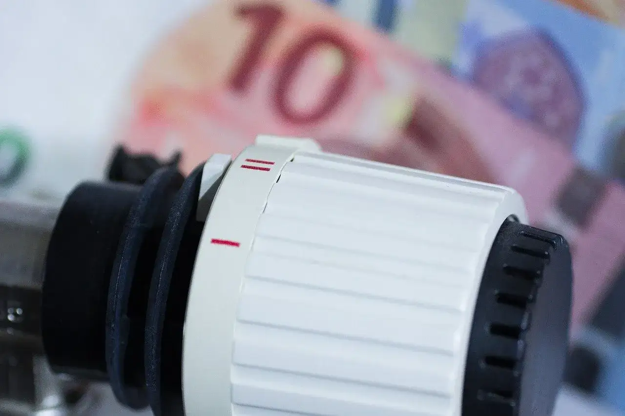 Termostat grzejnika i banknot 10 euro. Zastanawiasz się, ile kosztuje ogrzewanie grzejnikiem olejowym?