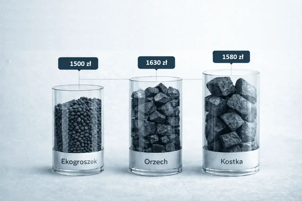 Porównanie cen węgla: ekogroszek (1500 zł), orzech (1630 zł) i kostka (1580 zł).