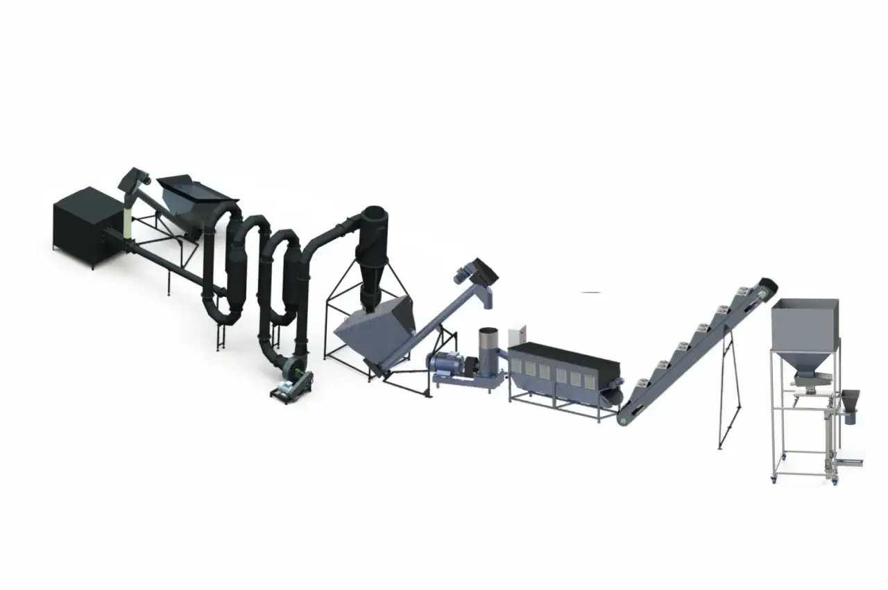 Linia produkcyjna do przetwórstwa biomasy, pokazująca proces, jak wyprodukować pellet. Od suszenia po pakowanie.