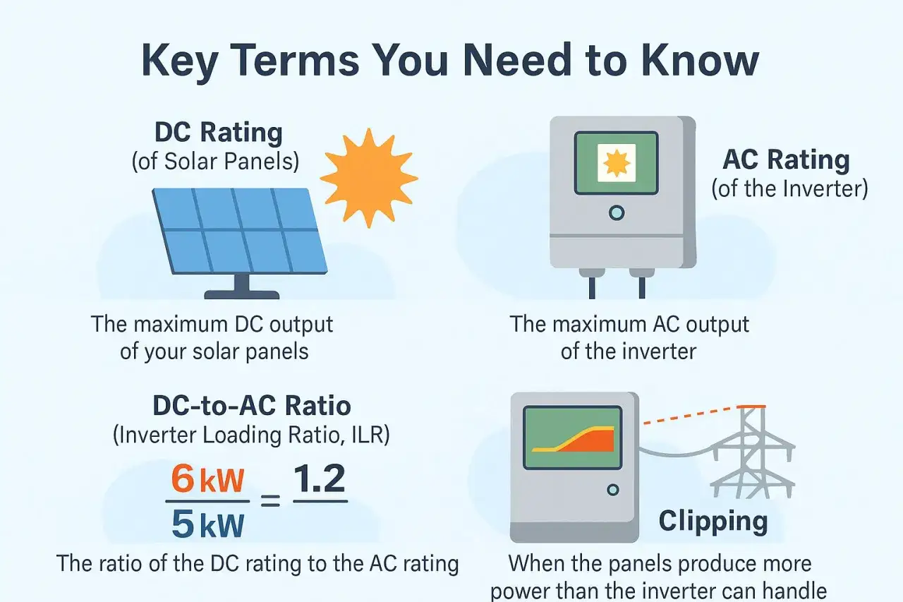 Kluczowe pojęcia do zrozumienia: DC Rating, AC Rating, DC-to-AC Ratio. Jak dobrać moc falownika? Wyjaśnienie ILR i clippingu.